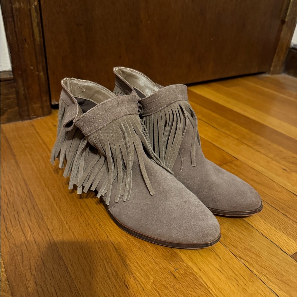 Restricted Tan Ankle Booties with Fringe Detail
